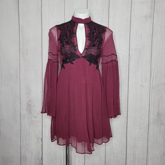 Free People Sheer Bell Sleeve Mini Dress w/ Sequins and Embroidery, size Small - Picture 2 of 10